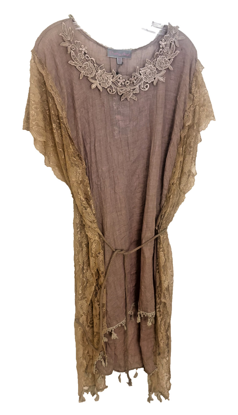 Pretty Angel Linen Blend Tunic Top Dress One Size Crochet Layered Angel Romantic